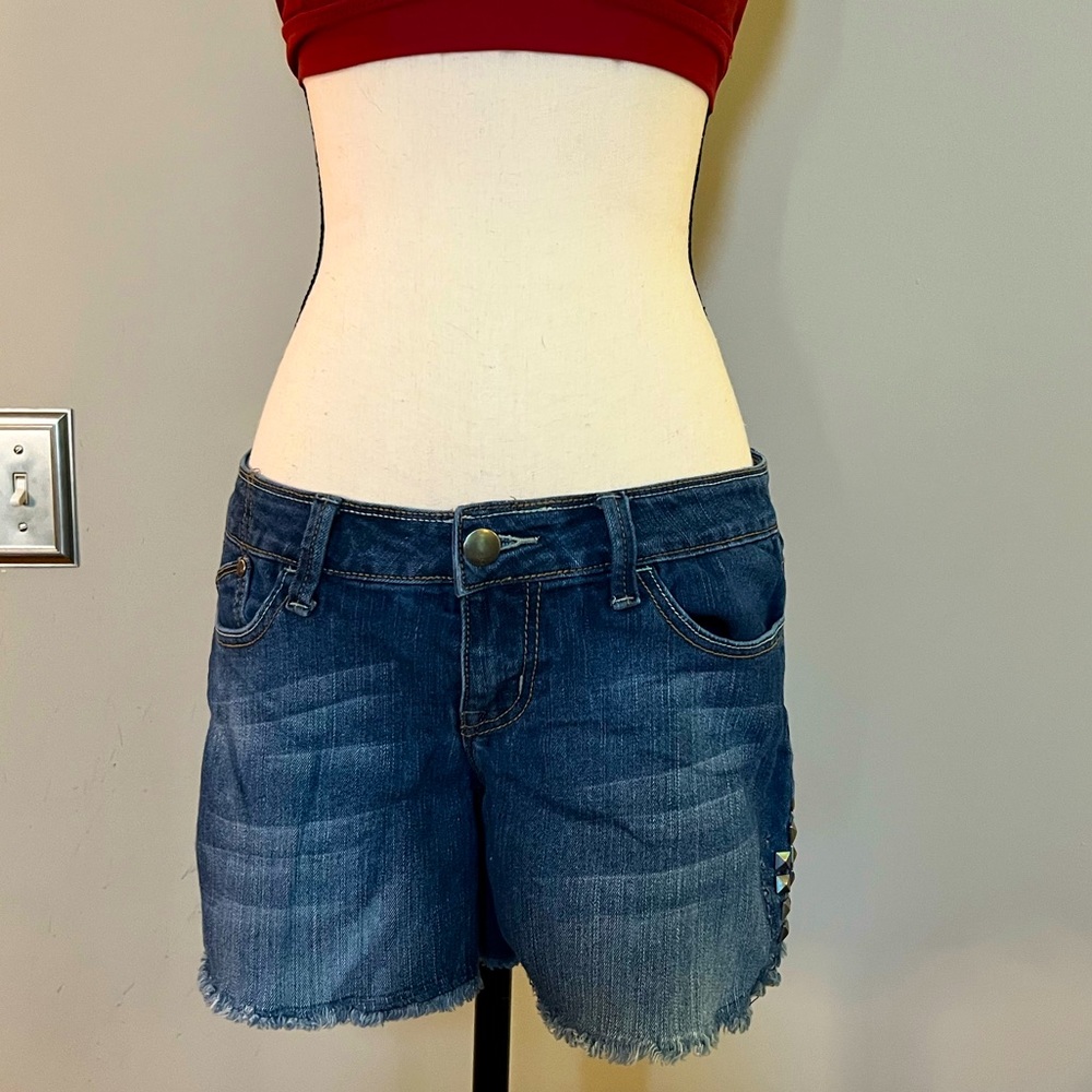 “Black Crystal” Denim cut-off shorts with antique dull silver studs Size 9